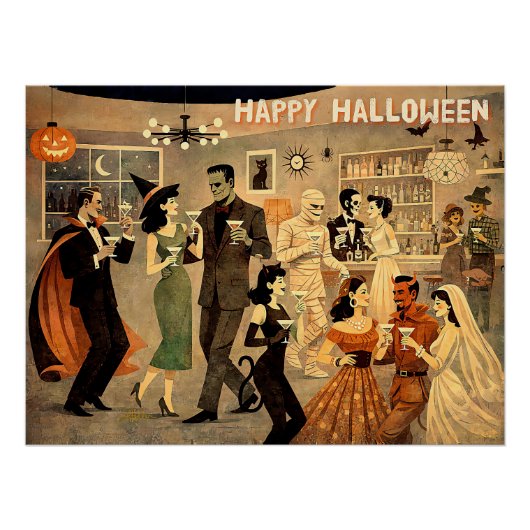 Mid Century Retro 40s Halloween Martini Feest Perfect Poster (Voorkant)