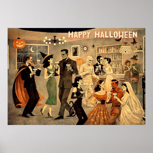 Mid Century Retro 40s Halloween Martini Feest Poster (Voorkant)
