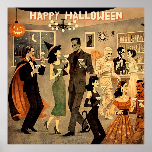 Mid Century Retro 40s Halloween Martini Feest Poster (Voorkant)