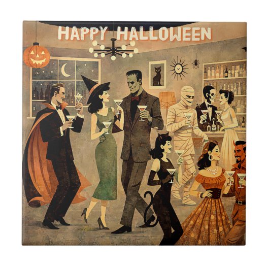 Mid Century Retro 40s Halloween Martini Feest Tegeltje (Voorkant)