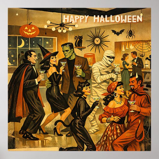 Mid Century Retro 50s Halloween Martini Feest Poster (Voorkant)