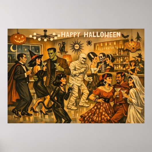 Mid Century Retro 50s Halloween Martini Feest Poster (Voorkant)