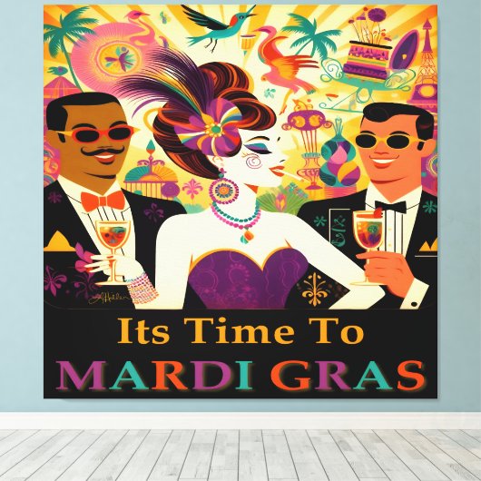 Mid Century Retro 60s Mardi Gras Cocktail Party Canvas Afdruk (Insitu (Houten vloer))