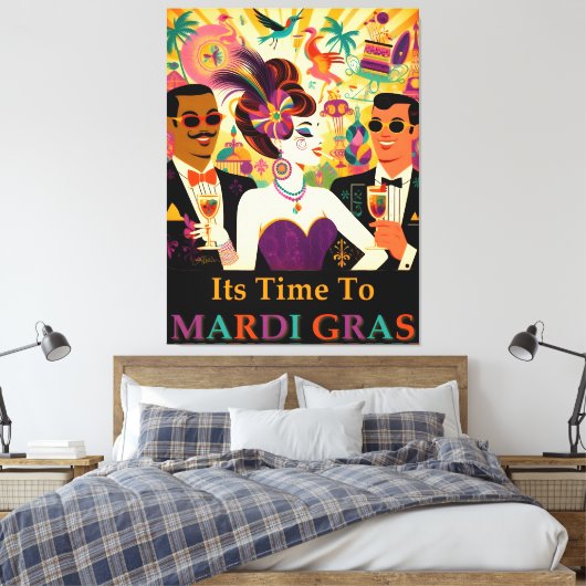 Mid Century Retro 60s Mardi Gras Cocktail Party Canvas Afdruk (Insitu (Slaapkamer))