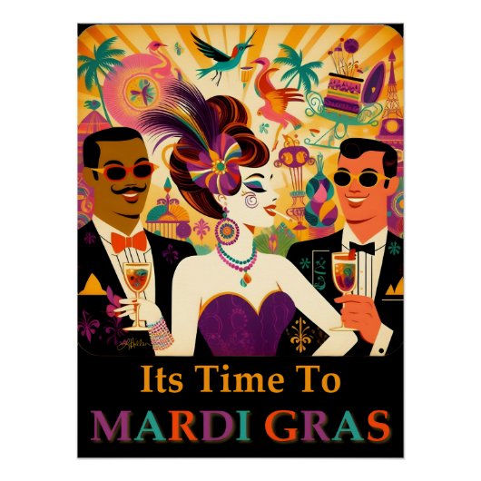 Mid Century Retro 60s Mardi Gras Cocktail Party Perfect Poster (Voorkant)