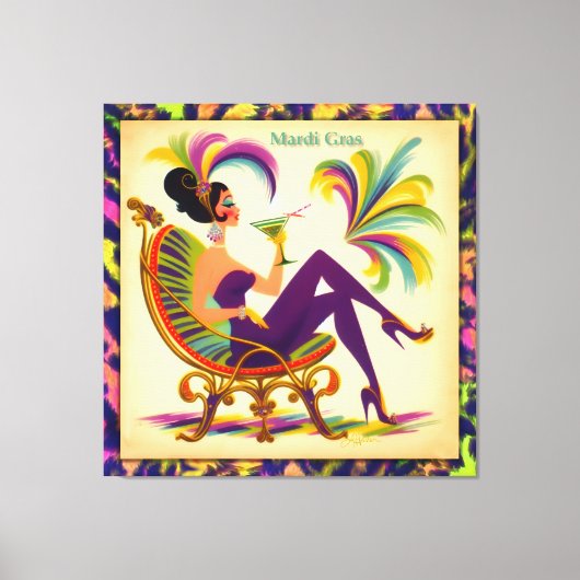 Mid Century Retro 60s Mardi Gras Martini Woman Canvas Afdruk (Voorkant)
