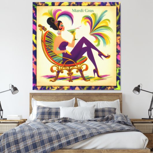 Mid Century Retro 60s Mardi Gras Martini Woman Canvas Afdruk (Insitu (Slaapkamer))