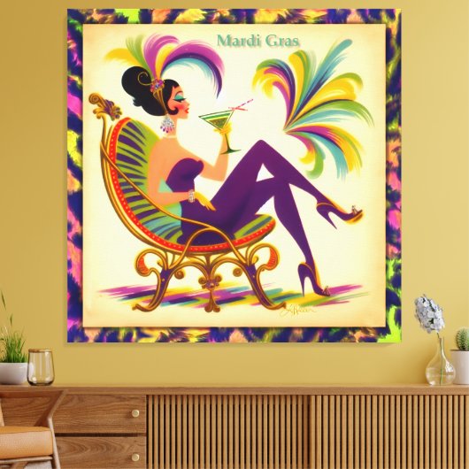 Mid Century Retro 60s Mardi Gras Martini Woman Canvas Afdruk (Insitu (Woonkamer))