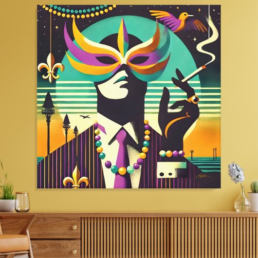Mid Century Retro 60s Mardi Gras The Smoking Man Canvas Afdruk (Insitu (Woonkamer))