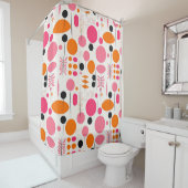 Mid Century Retro Abstract Patroon Roze & Sinaasap Douchegordijn (In situ)