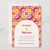 Mid Century Retro Arch Paarse Oranje bruiloft Kaart (Voorkant)