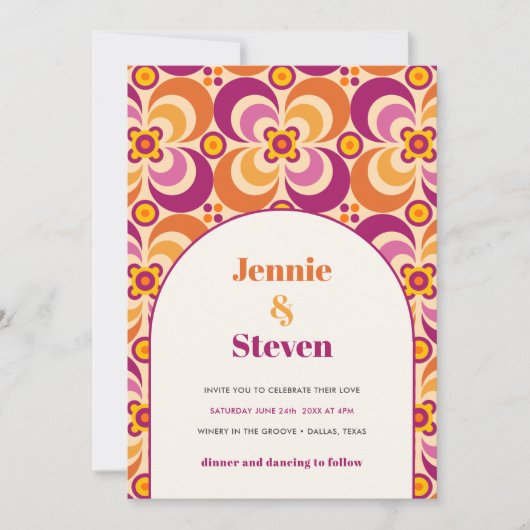 Mid Century Retro Arch Paarse Oranje bruiloft Kaart (Voorkant)