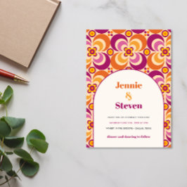 Mid Century Retro Arch Paarse Oranje bruiloft Kaart