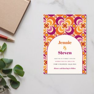 Mid Century Retro Arch Paarse Oranje bruiloft Kaart