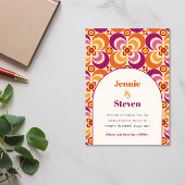 Mid Century Retro Arch Paarse Oranje bruiloft Kaart
