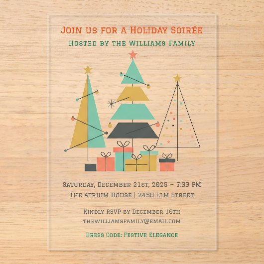 Mid-Century Retro Christmas Trees Acryl Uitnodigingen (Voorkant)