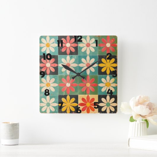 Mid Century Retro Daisy Pattern Vierkante Klok (Huis)