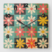 Mid Century Retro Daisy Pattern Vierkante Klok (Voorkant)