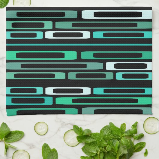 Mid Century Retro Flat Rocks Zwart Turquoise Theedoek (Gevouwen)