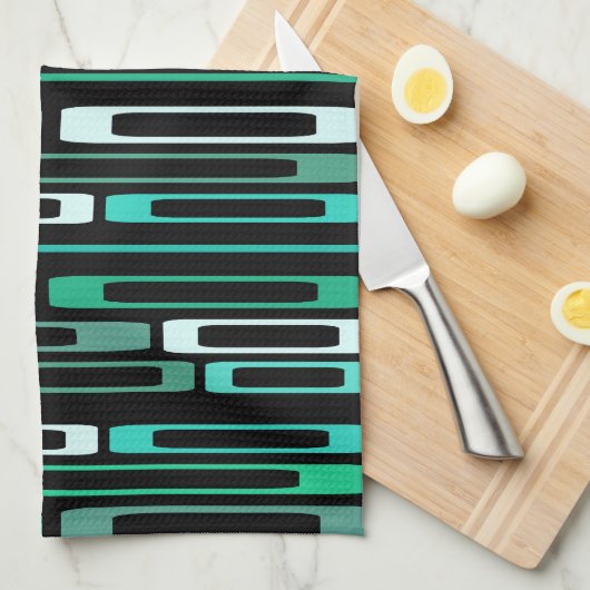 Mid Century Retro Flat Rocks Zwart Turquoise Theedoek (Quarter Fold)