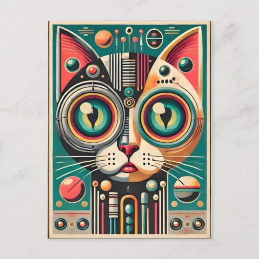 Mid Century Retro Futuristische Circuit Cat Briefkaart (Voorkant)