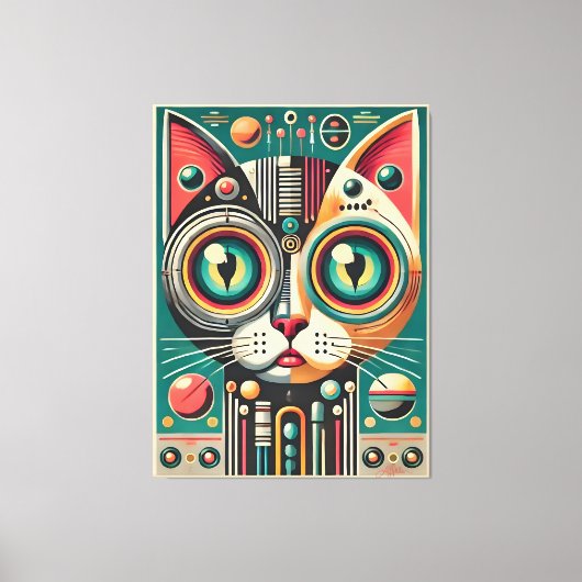 Mid Century Retro Futuristische Circuit Cat Canvas Afdruk (Voorkant)