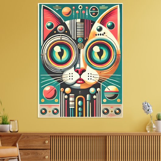 Mid Century Retro Futuristische Circuit Cat Canvas Afdruk (Insitu (Woonkamer))