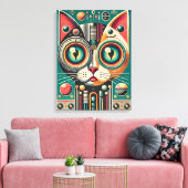 Mid Century Retro Futuristische Circuit Cat Canvas Afdruk (Insitu (Woonkamer))