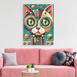Mid Century Retro Futuristische Circuit Cat Canvas Afdruk