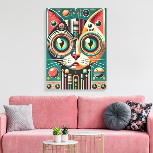 Mid Century Retro Futuristische Circuit Cat Canvas Afdruk (Insitu (Woonkamer))