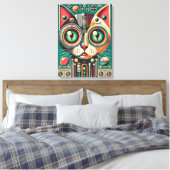Mid Century Retro Futuristische Circuit Cat Canvas Afdruk (Insitu (Slaapkamer))
