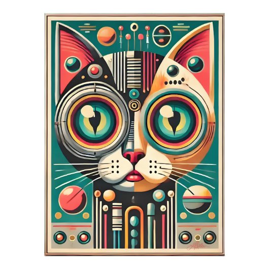 Mid Century Retro Futuristische Circuit Cat Foto Afdruk (Voorkant)