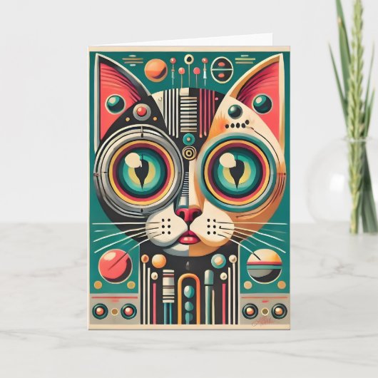 Mid Century Retro Futuristische Circuit Cat Kaart (Voorkant)