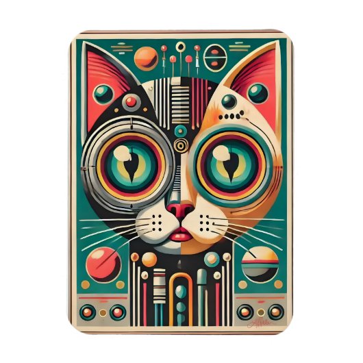 Mid Century Retro Futuristische Circuit Cat Magneet (Verticaal)
