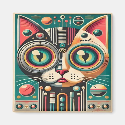Mid Century Retro Futuristische Circuit Cat Magneet (Voorkant)