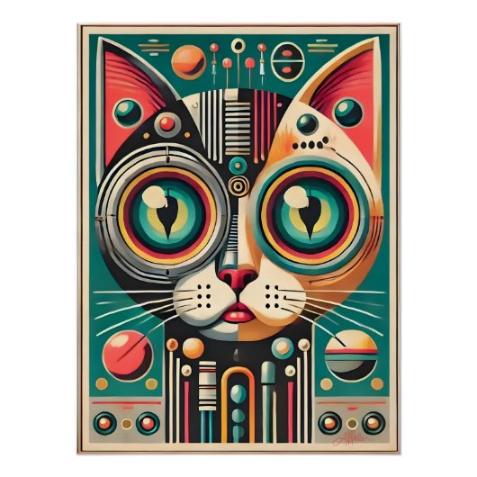 Mid Century Retro Futuristische Circuit Cat Perfect Poster (Voorkant)