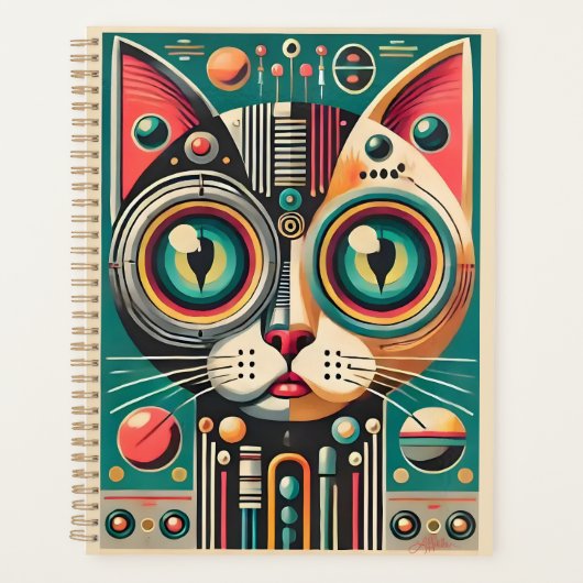 Mid Century Retro Futuristische Circuit Cat Planner (Voorkant)