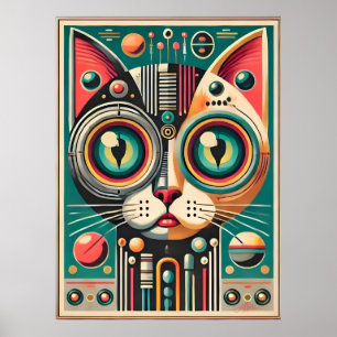 Mid Century Retro Futuristische Circuit Cat Poster