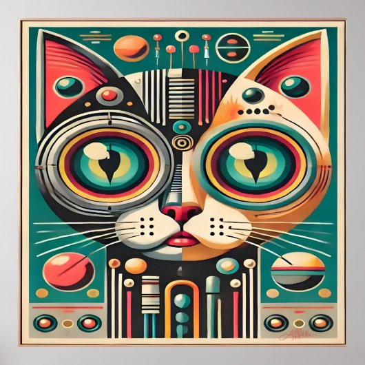 Mid Century Retro Futuristische Circuit Cat Poster (Voorkant)