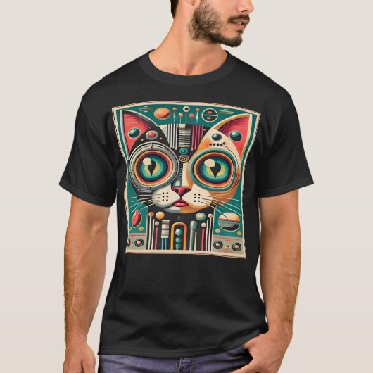 Mid Century Retro Futuristische Circuit Cat T-shirt (Voorkant)