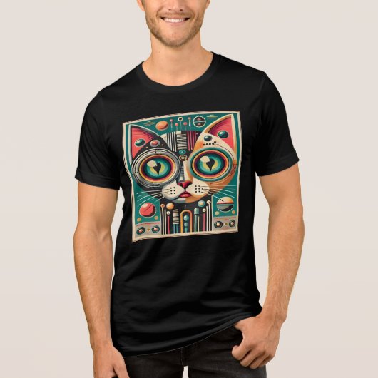 Mid Century Retro Futuristische Circuit Cat Tri-Blend Shirt (Voorkant)