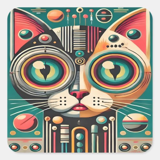 Mid Century Retro Futuristische Circuit Cat Vierkante Sticker (Voorkant)