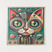 Mid Century Retro Futuristische Circuit Cat Wandkleed (Voorkant)