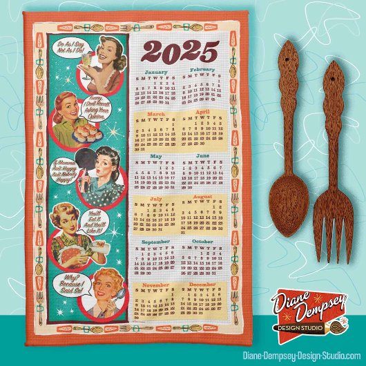 Mid-Century Retro Huisvrouw Kalender Handdoek 2025