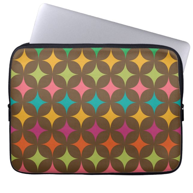 Mid Century Retro Kleurrijke Starbursts op bruin Laptop Sleeve (Voorkant)