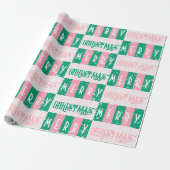 Mid-Century Retro Merry Christmas Roze Groen Cadeaupapier (Uitgerold)