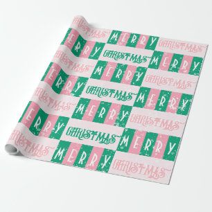 Mid-Century Retro Merry Christmas Roze Groen Cadeaupapier