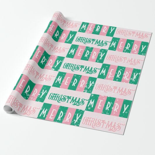 Mid-Century Retro Merry Christmas Roze Groen Cadeaupapier (Uitgerold)