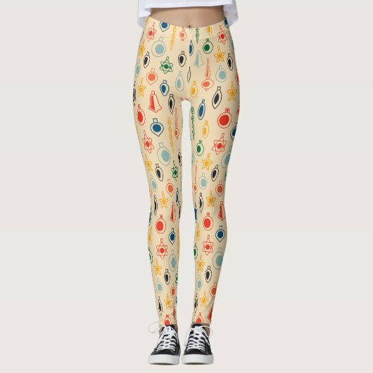 Mid Century Retro Patroon met Kerstboom Speelgoed Leggings (Voorkant)