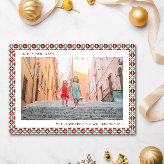 Mid Century Retro Rood Sage Groen Unieke Twee Foto Feestdagenkaart